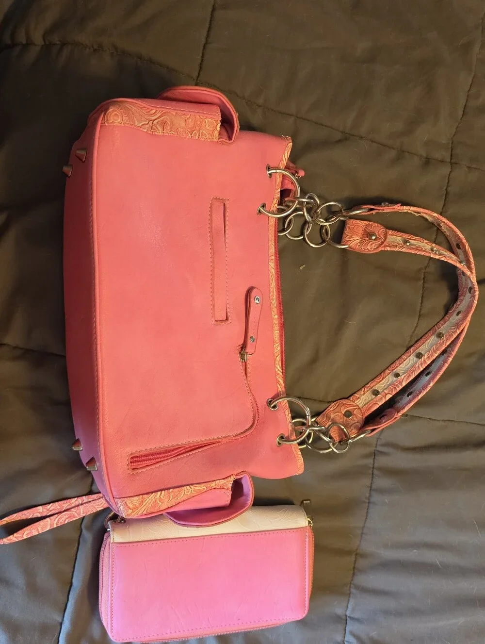 Cowgirl Trendy Pink & White Owl Leather Embroidered Purse with Matching Wallet